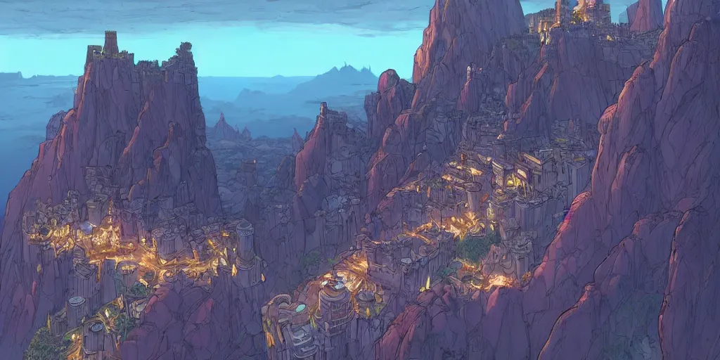 Image similar to an african city in a valley bordered by a fortress on the mountain side with three towers, multicolored spirits flying in the skies, comics art, cinematic volume lighting, 4k, illustration, epic scene, trending on artstation, art by ghibli moebius