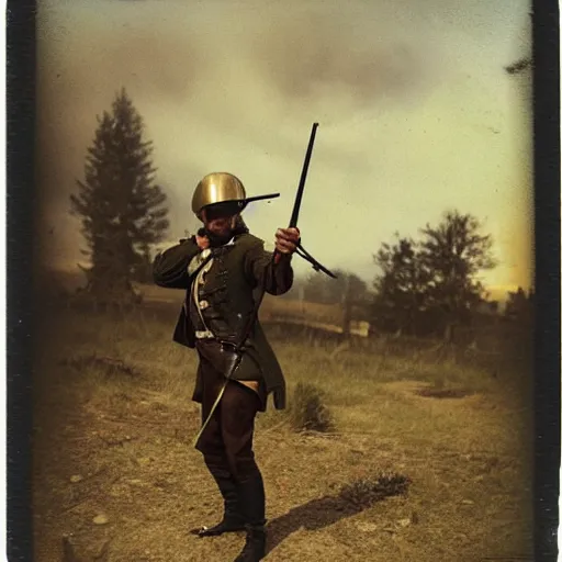 Image similar to Man aiming a musket, wearing a combat helmet, postapocalyptic, polaroid color photo