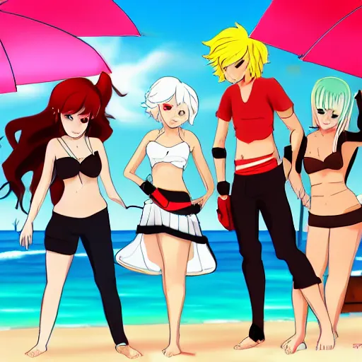 Prompt: Team RWBY at the beach, in the style of RWBY, sunny day,