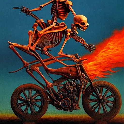 Prompt: Skeleton riding a motocycle with fire behind made by Zdzislaw Beksinski