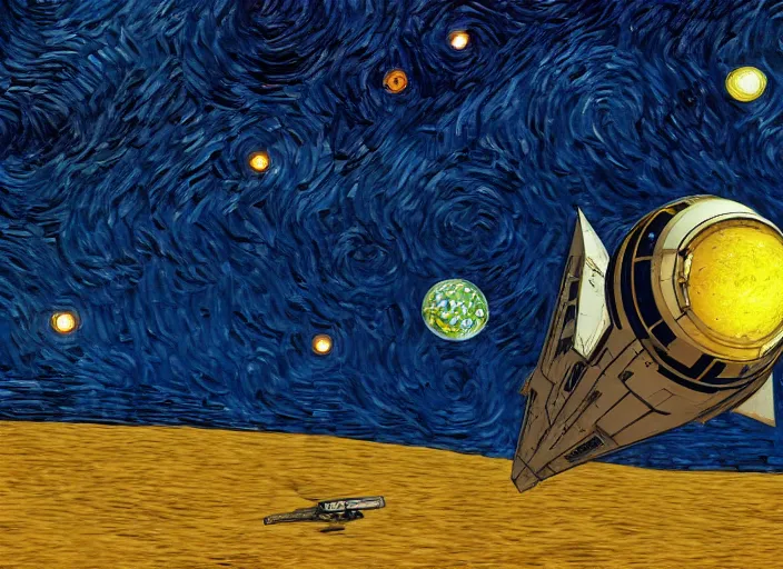 Prompt: a single spaceship taking off seen from the surface of a small town on a desert planet, star wars, digital art, trending on art station, in the art style of vincent van gogh starry night