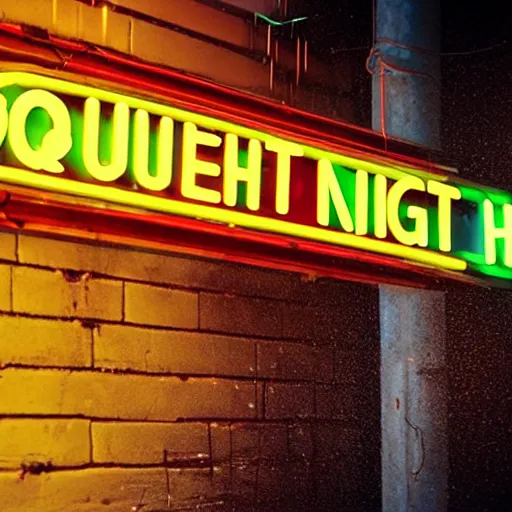 Prompt: a neon sign saying Quiet Night outside a cyberpunk nightclub, raining