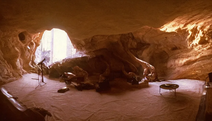 Image similar to 1990s candid 35mm photo of a beautiful day in the living room, cinematic lighting, cinematic look, golden hour, a cave opening reveals a large absurd looking creature from another dimension, UHD