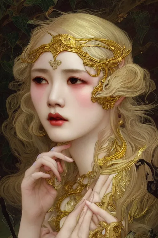 Image similar to beautiful asian girl, blonde hair, gold, god, white hair, 1 9 2 0 s fashion, fantasy, model pose, horror art, highly detailed, intricate, ethereal, highly detailed, sharp focus, artstation, digital painting, art by alphonse mucha, cedric peyravernay, tom bagshaw