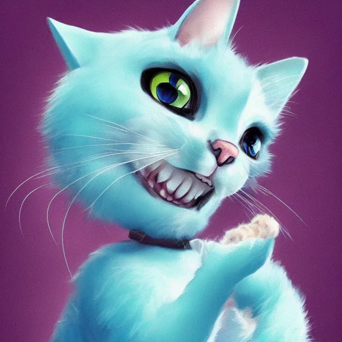 Prompt: cute cat of cheshire from alice in wonderland. an adorable cat with light blue stripes and a big human like playful smile. award - winning digital art, trending on artstation