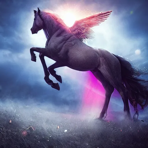 Image similar to lavrov horse mutant, art by alessio albi 8 k ultra realistic, angel wings, lens flare, atmosphere, glow, detailed, intricate, full of colour, led lighting, trending on artstation, 4 k, hyperrealistic, focused, extreme details, unreal engine 5, masterpiece