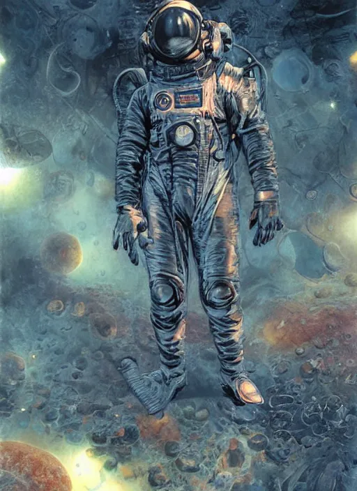 Image similar to astronauts in dark and empty void underwater - complex and hyperdetailed technical suit. reflection and dispersion materials. rays and dispersion of light. volumetric light. 5 0 mm, f / 3 2. noise film photo. flash photography. ultra realistic, wide angle. poster by wayne barlowe, hajime sorayama aaron horkey, craig mullins