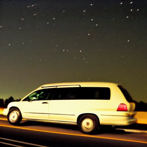 Image similar to A photograph of a 2001 Maroon Chevrolet Caravan driving on highway 411 in Perth, Ontario at night, 9:20 PM, photograph taken in 2009 on a nokia flip phone