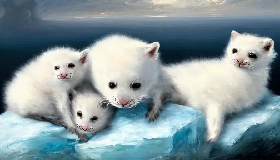 Image similar to highly detailed painting of cute furry white baby seal kittens cuddling into each other on a blue and white iceberg by william turner, by greg rutkowski, by william constable, thick brush strokes and visible paint layers, 4 k resolution
