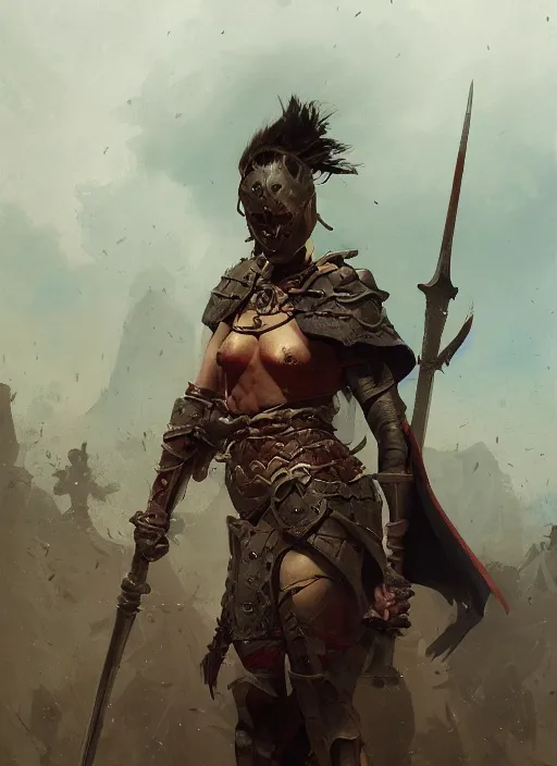 Image similar to hyper realistic photo of experienced medieval pit warrior girl, rule of thirds, conceptart, saturated colors, cinematic, greg rutkowski, brom, james gurney, mignola, craig mullins, artstation, cgsociety