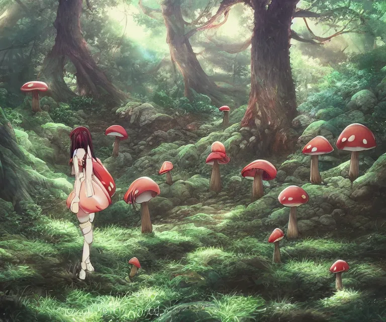 Image similar to mushroom in a forest, anime fantasy illustration by tomoyuki yamasaki, kyoto studio, madhouse, ufotable, comixwave films, trending on artstation