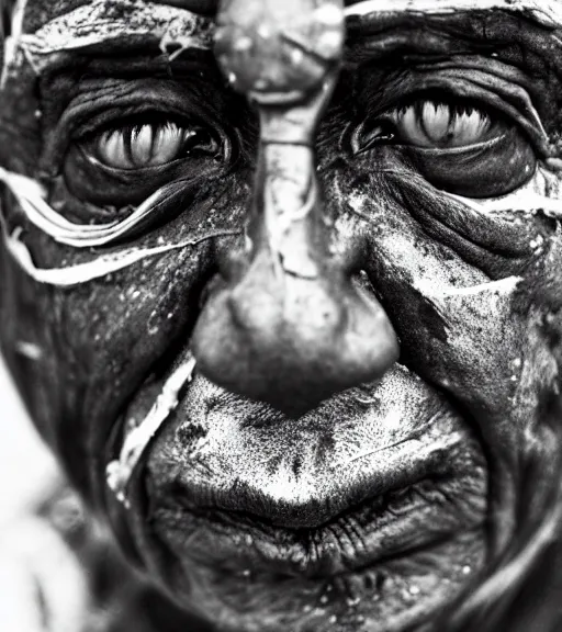 Prompt: a polinesian shaman, 5 0 yo, annoyed look, skin pores, scars, skin condition, dark background, studio light, hdr, nikon 5 0 mm f / 1. 8 g, by sebastiao salgado