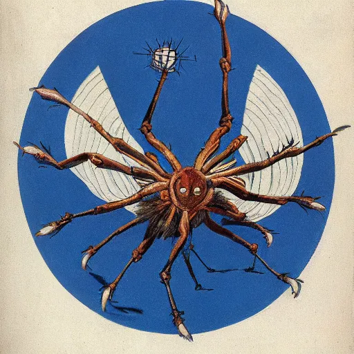 Prompt: 8 - legged creature with the face of a turkey that is a well - dressed scientist, astronaut, charles russell, romanticism, figurative art, cobalt blue, burnt sienna, and titanium white, cris detail, 4 k, high - resolution scan, library of congress