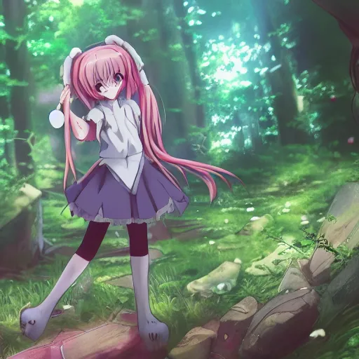 Prompt: an anime mahou shoujo lost in the woods cinematic anime film , exquisite line art, Depth of field, high fidelity, smooth rendering, 4k, hd, Professional anime artist