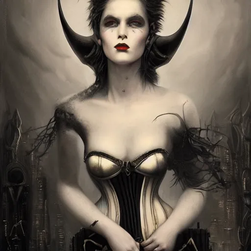 Prompt: By Tom Bagshaw, ultra realist soft painting of curiosities cyberpunk carnival by night, very beautiful horned single female gothic corset , symmetry accurate features, very intricate details, ominous sky, black and white, volumetric light clouds