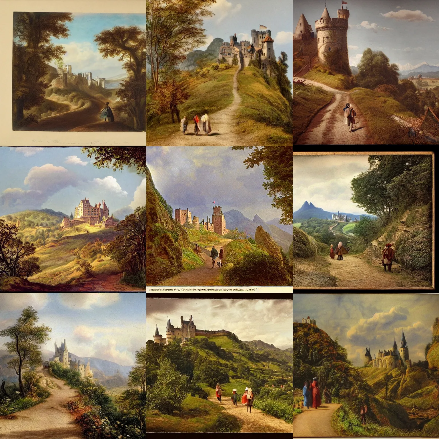 Prompt: !!! photochrom!!! a hilly landscape with castle and travelers on a path