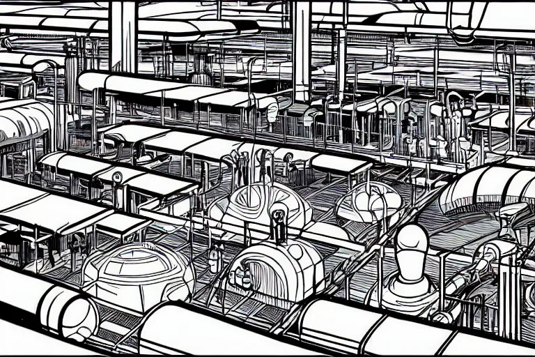 Image similar to a scifi illustration, factory interior. seen from above. vats of fluid. flat colors, limited palette in FANTASTIC PLANET La planète sauvage animation by René Laloux