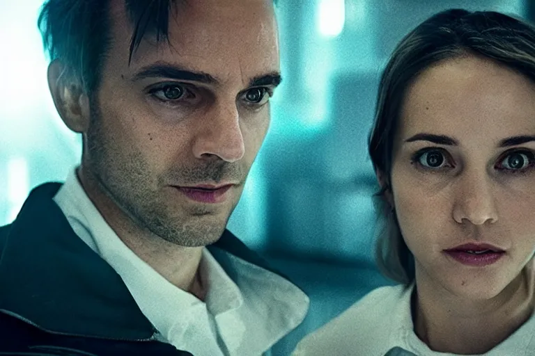 Image similar to movie closeup polar opposites, couple, researchers in a futuristic weapons lab, beautiful skin, Symmetrical faces. Beautiful lighting by Emmanuel Lubezki