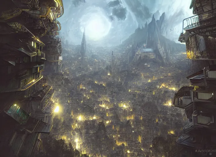 Image similar to favela spaceship cathedral, fantasy environment, sorcery, scenery, professional, award - winning, trending on artstation, hyper detailed, realistic, beautiful, emotional, shiny, somber, picture