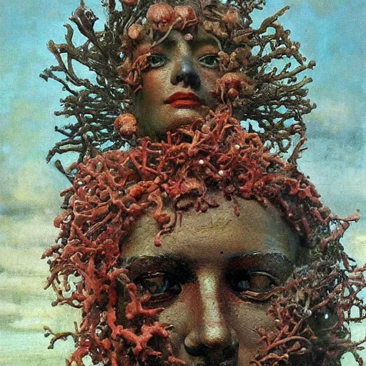 Image similar to a sculpture portrait made of seaweed and coral and shells and lilies, painting part by wojciech siudmak, part by ilya repin, part by max ernst, part by norman rockwell, artstation