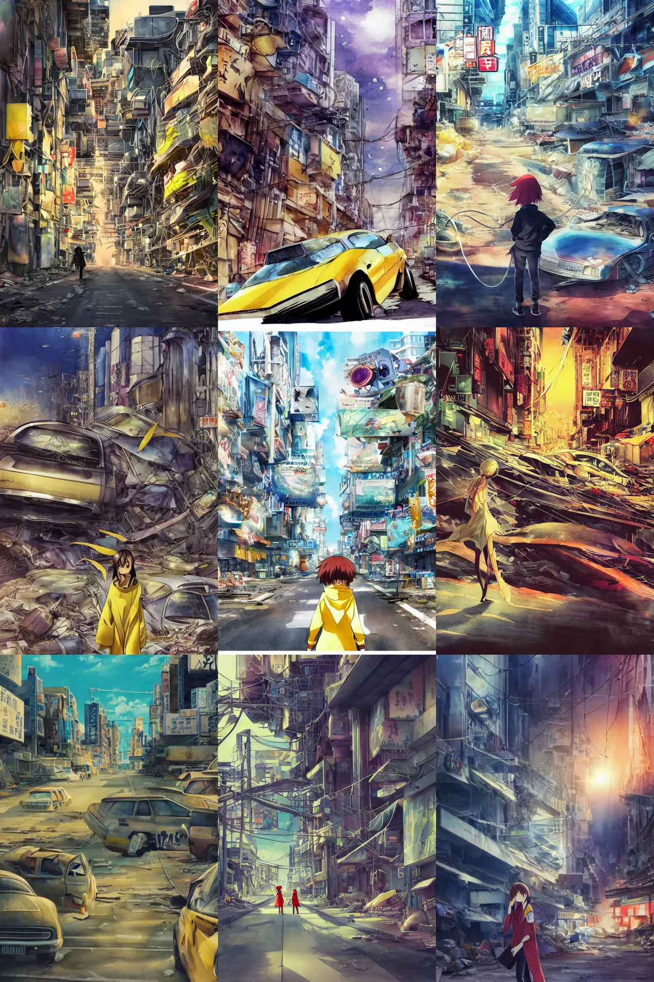 Prompt: incredible anime movie scene, phantom crash, vanishing point, hoody woman explorer, watercolor, underwater market, empty road, coral reef, billboards, harsh bloom lighting, rim light, abandoned city, paper texture, movie scene, caustic shadows, deserted shinjuku junk town, bright sun ground, wires, telephone pole, pipes, yellow, red, dusty