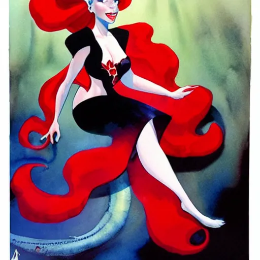 Image similar to black and red watercolor painting of little mermaid from disney by alex ross