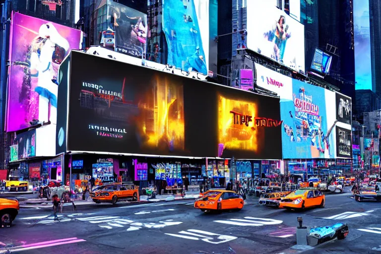 Prompt: photo of a billboard on times square, screen show concert promo, band name is tripmachine, realistic digital art, on the screen is a 3 d render of a huge futuristic steampunk generator, 8 k, fluorescent colors, halluzinogenic, multicolored, exaggerated detailed, unreal engine