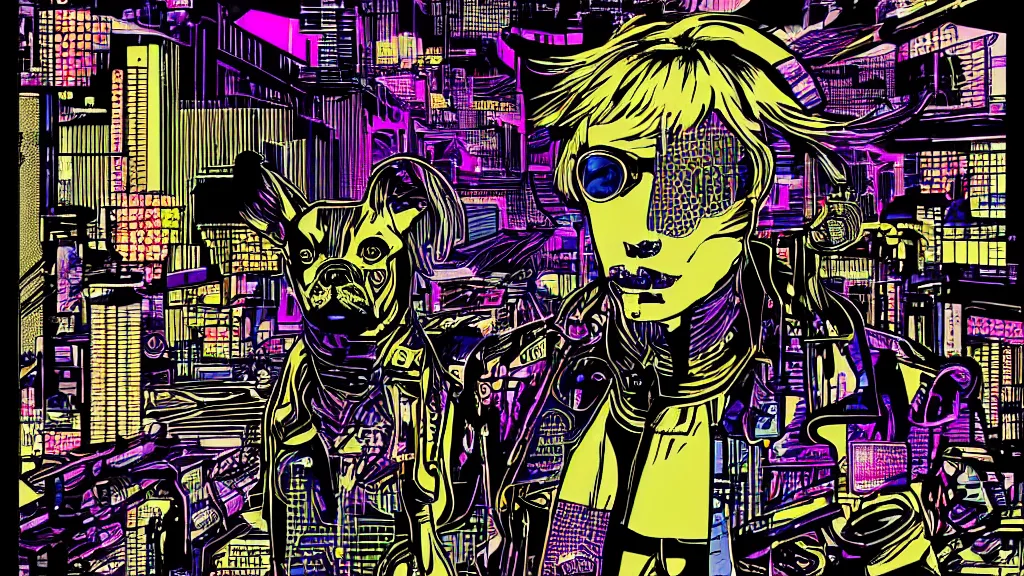 Image similar to dog futuristic japanese backlight cyberpunk by roy lichtenstein, by andy warhol, ben - day dots, pop art, bladerunner, pixiv contest winner, cyberpunk style, cyberpunk color scheme, mechanical, high resolution, hd, intricate detail, fine detail, 4 k