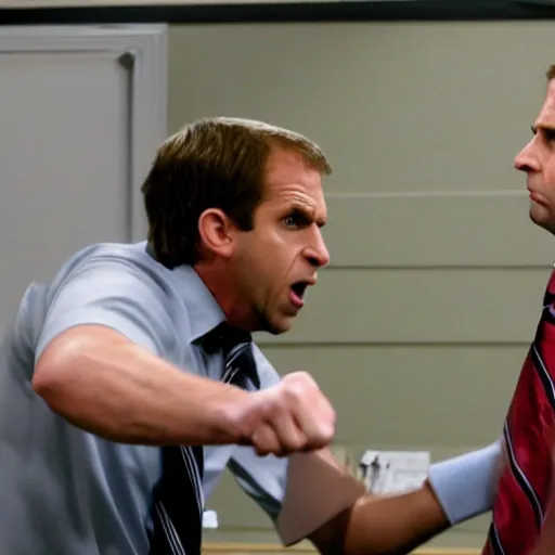 Prompt: character from the office Toby Flenderson punches Michael Scott in the face