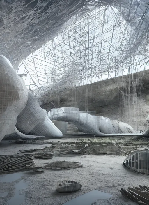 Image similar to art exhibition, architecture installation in biennale venezia, bioremediation white mining tailing futuristic horizontal architecture, epic, cinematic, hyperealistic, high detailed, corona render, hdr, ray tracing