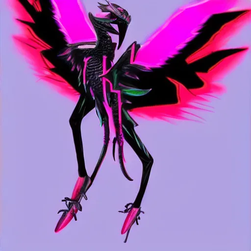 Image similar to neon+pink+winged+reptile, elegant+but also a little vicious looking+concept art +trending on artstation