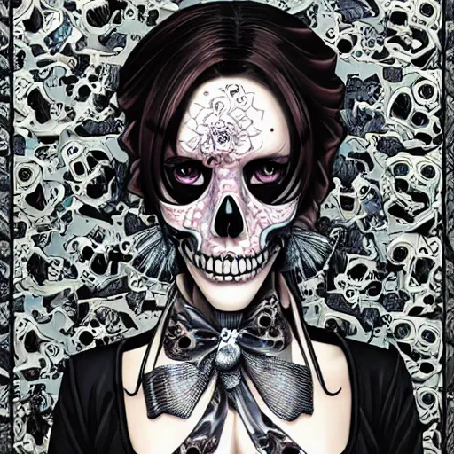 Prompt: portrait of a manga anime girl skull face detailed highres 4k by Trevor Brown and James Jean pop art nouveau