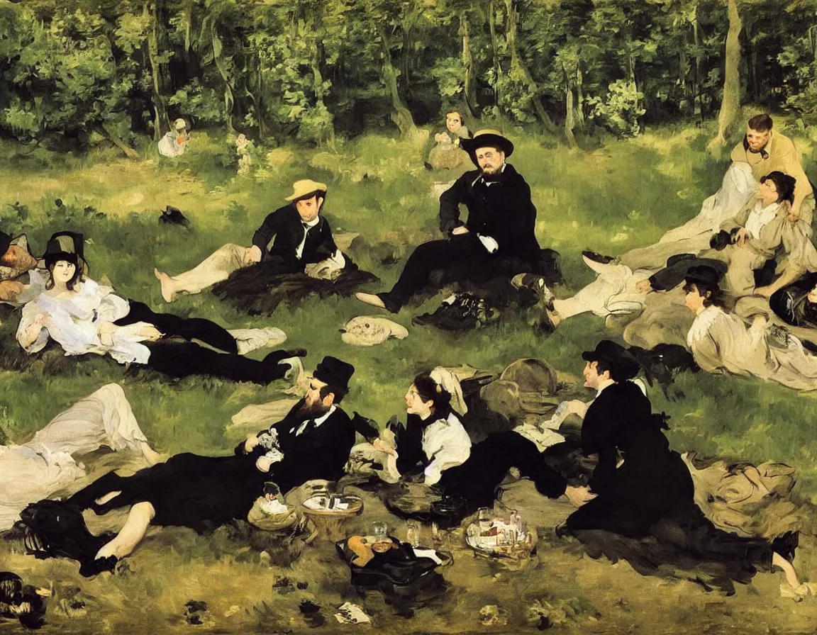 Image similar to edouard manet. very close up detailed depiction of people picknick on a blanket on a meadow in the woods. woman and men dressed in black. blanket, beer, music. one woman with three men. a very nice an afternoon with the. little river in background. dark forest. hyperrealistic.