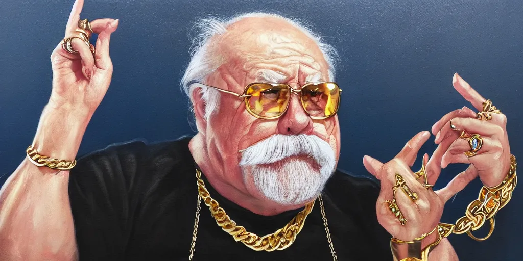 Prompt: wilford brimley rapper wearing gold chains with gold rings on his fingers diabeetus high fidelity painting high resolution trending on artstation