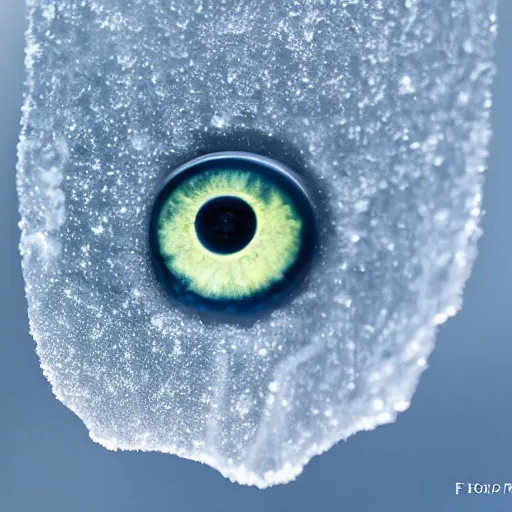 Image similar to a transparent sheet of frosted ice, with a weird eye behind it, XF IQ4, f/1.4, ISO 200, 1/160s, 8K, RAW, unedited, symmetrical balance, in-frame