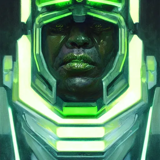 Image similar to robot with glowing green visor as a realistic scifi cyberpunk knight, closeup portrait art by donato giancola and greg rutkowski, realistic face, digital art, trending on artstation, symmetry!!!