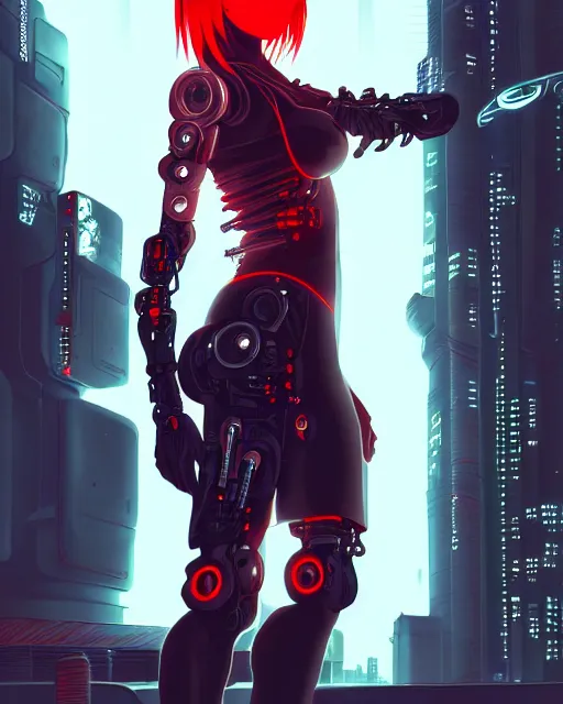 Image similar to a detailed potrait of a cyberpunk cyborg girl with black and red parts, perfect face, realistic shaded perfect face, detailed. night setting. very anime style. realistic shaded lighting poster by ilya kuvshinov katsuhiro, unreal engine, global illumination, radiant light, detailed and intricate environment