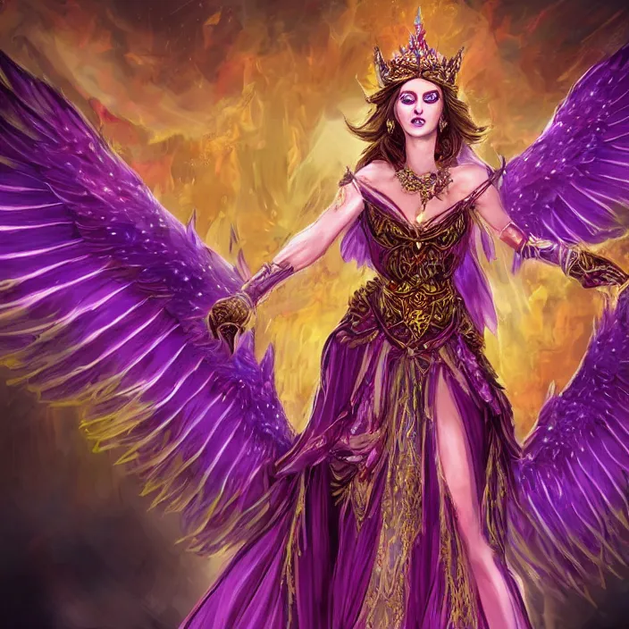 Image similar to Princess sorceress with red flaming bird wings on her back and sitting on an ornate throne dressed in a fancy long purple dress, beautiful hyper realistic face with a Slight smile and open eyes, Fantasy, Half Body Portrait, High detail, hyper realistic, planeswalker