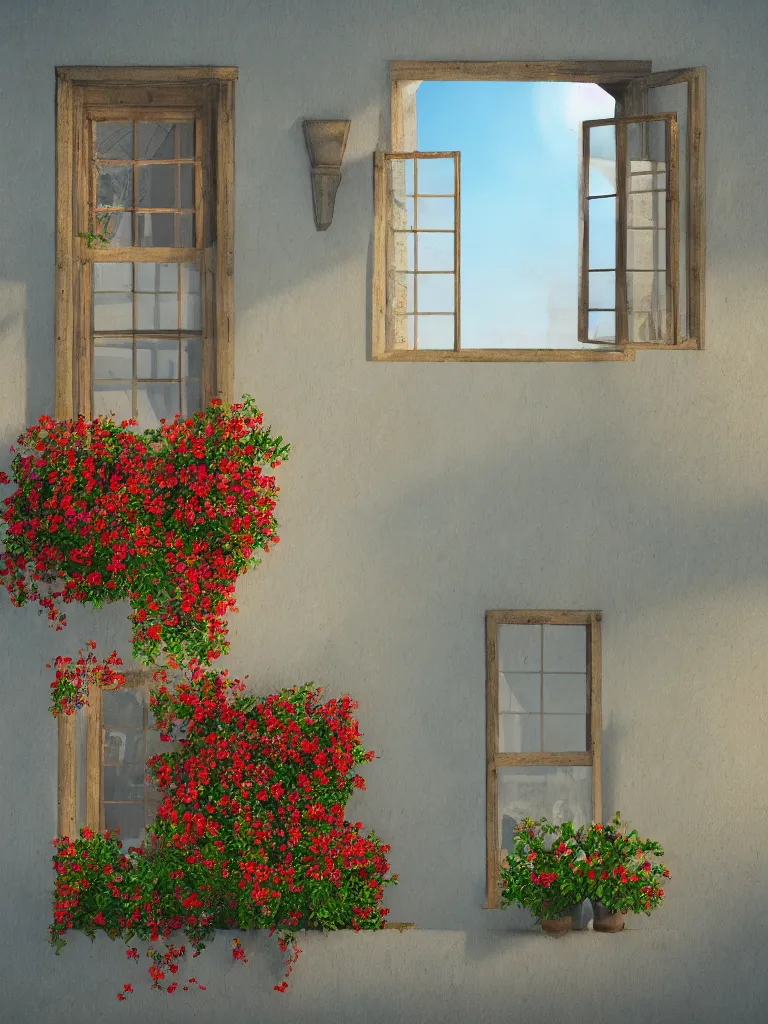 Image similar to a old house window with a vase of red flowers with view to a sunrise, blue wall, a wooden chair near the window, concept art, octane render, unreal engine 5, trending on deviantart, highly detailed, high quality, hd, digital painting, masterpiece, geometric, symmetrical, low contrast, beautiful, serene landscape, high coherence, natural lighting