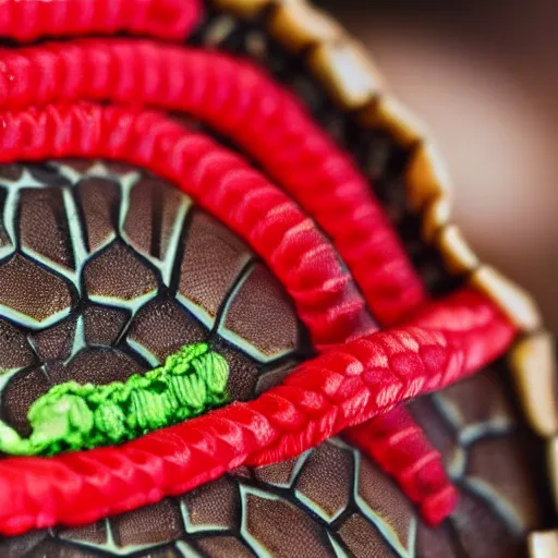 Image similar to close - up of a turtle shell embroidered with twizzlers, photography, dslr