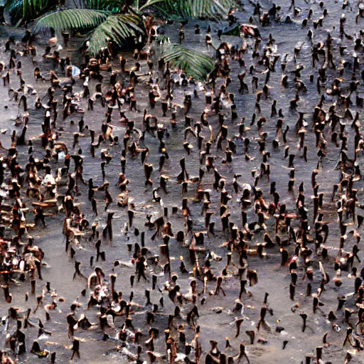 Prompt: aerial hd photograph of a crowd of sentinelese tribe from the andaman and nicobar islands looking into camera