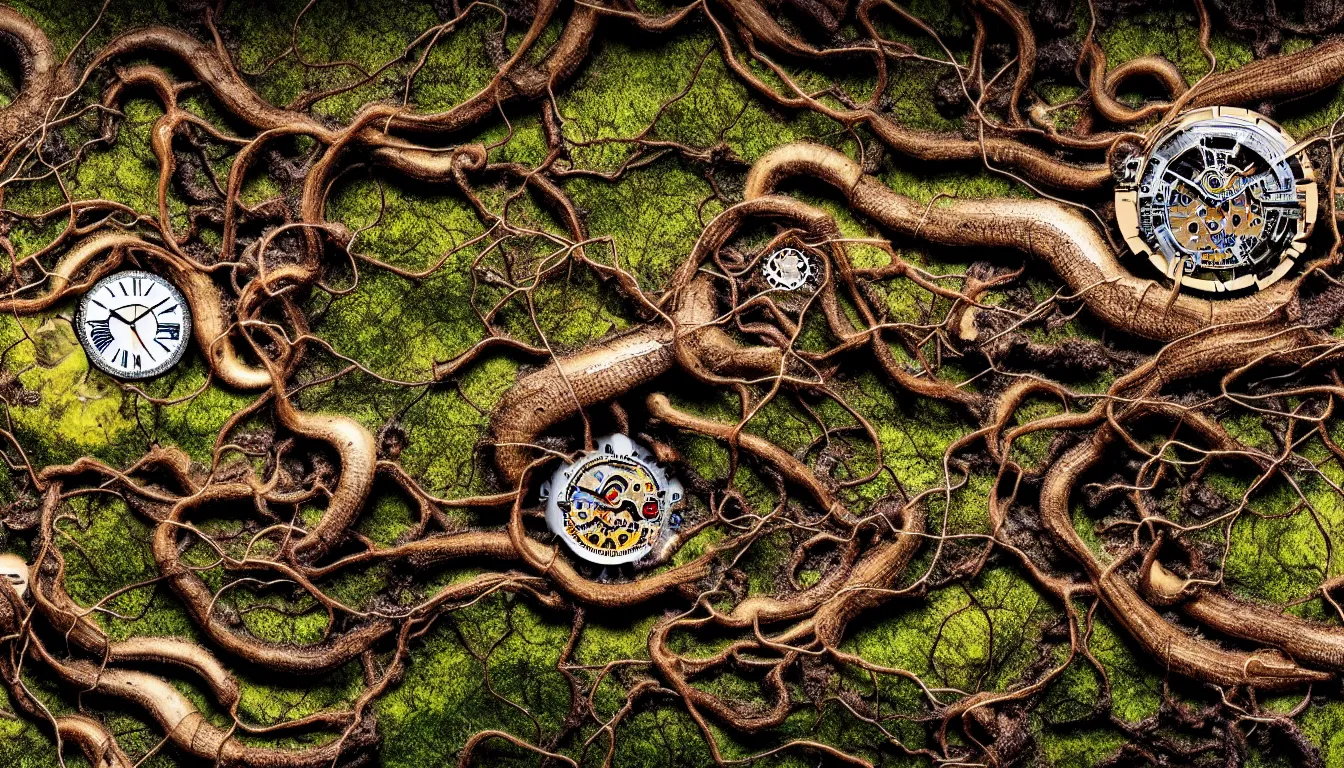 Image similar to detailed view from inside a clockwork watch japanese landscape, entangled roots covered in mushrooms, cracked earth, living spore microorganisms, decaying, rusty, hyper realistic photo, full colour, upscale, 8 k