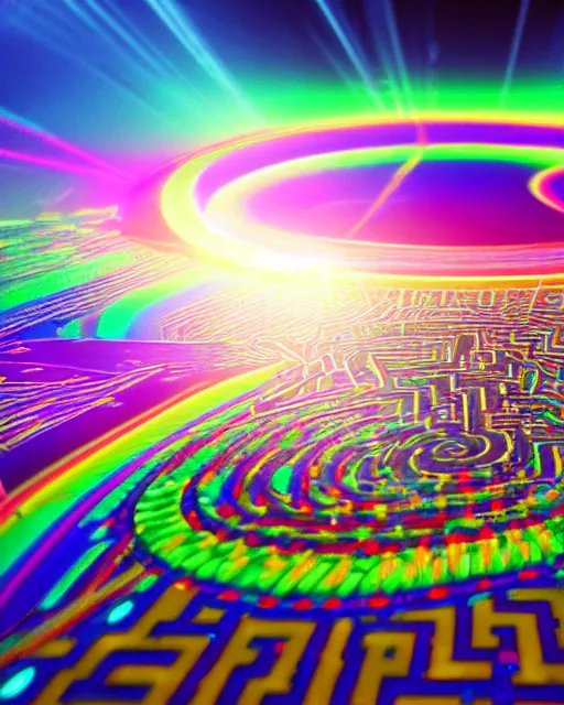 Image similar to intricate maze of rainbow-colored circuitry that extends into the distance. volumetric light , Highly detailed perfectly symmetrical , PBR , high detail,8k resolution , hyper quality , high resolution , hyper quality , high resolution , Octane render , IMAX 3D