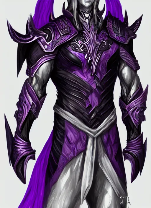 Prompt: Half-body portrait of a seasoned muscular elven warrior in black and purple armour and wolf skin. In style of Hyung-tae Kim, concept art, trending on ArtStation, Korean MMORPG.