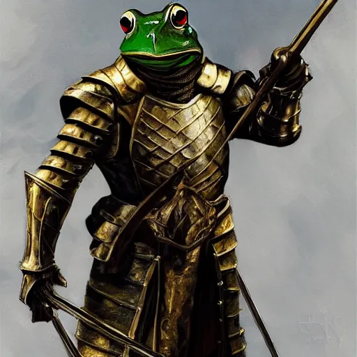 Prompt: frog knight in medieval armor, 8k, highly detailed, full portrait, professional painting,