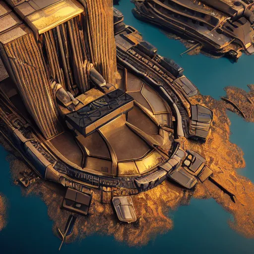 Image similar to a golden fantasy sci fi luxurious city with cerulean oceansides, scandinavian / norse influenced, cinematic, ray traced, octane render, cinematic lighting, ultrarealistic, featured on artstation, 8 k uhd artwork