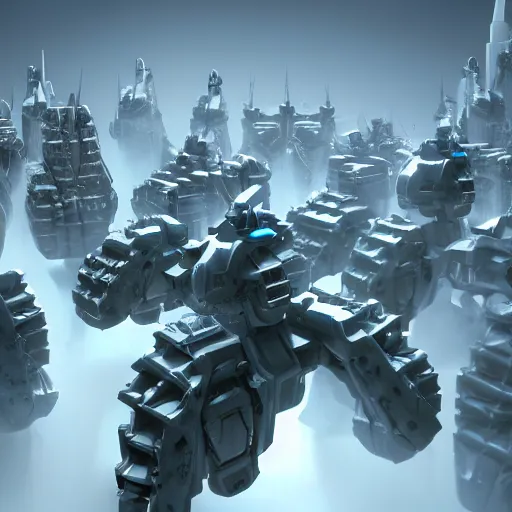 Image similar to six meter tall mech firing at a swarm of tanks, futuristic city, mechanized art concept, 3 d render, marble statue