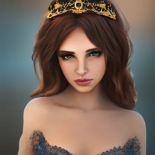 Image similar to a photographic portrait of an fantasy 30 years old princess, with a deep blue sapphire and gold small diadem, seductive look, warmer and softer colours, more tan face, lighter brown hair, open eyes, cinematic light, bokeh, by Danny Battista, canon 50mm, high aperture, artstation