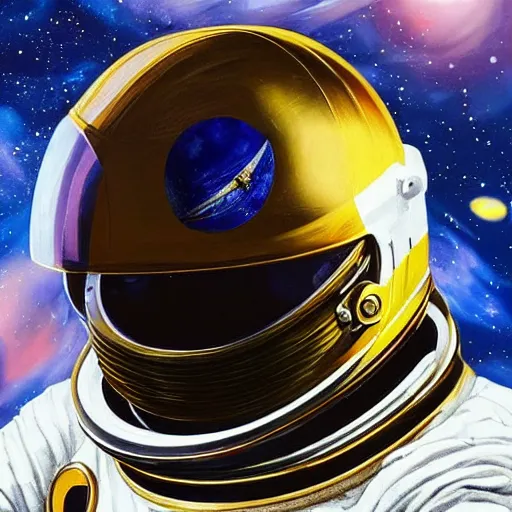 Image similar to “astronaut on board international space station wearing black space suit and gold helmet, highly detailed, realistic, portrait, nigerian flag patch, symmetrical, photorealistic, proportional, beauty, fish eye lens, nasa, spacex, in the style of Edward hooper oil painting sun rising”