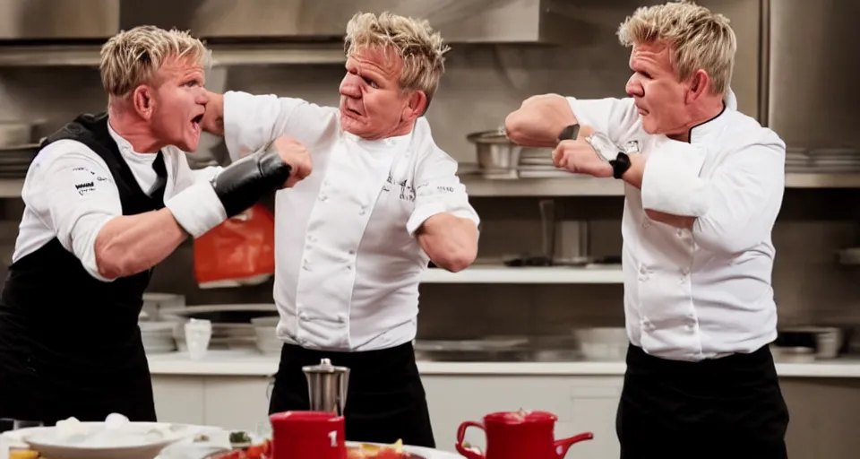 Image similar to photo of angry furious Gordon Ramsay punching Gordon Ramsay at the kitchen